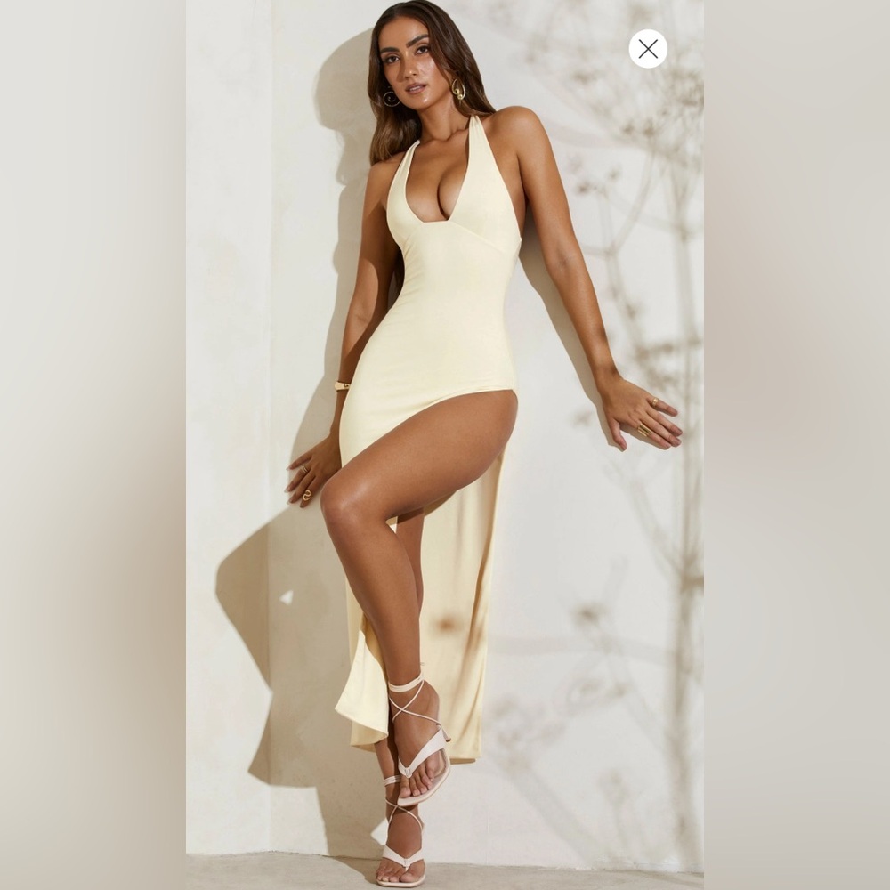 Oh Polly MEI High Split Halter Neck Maxi Dress in Ivory